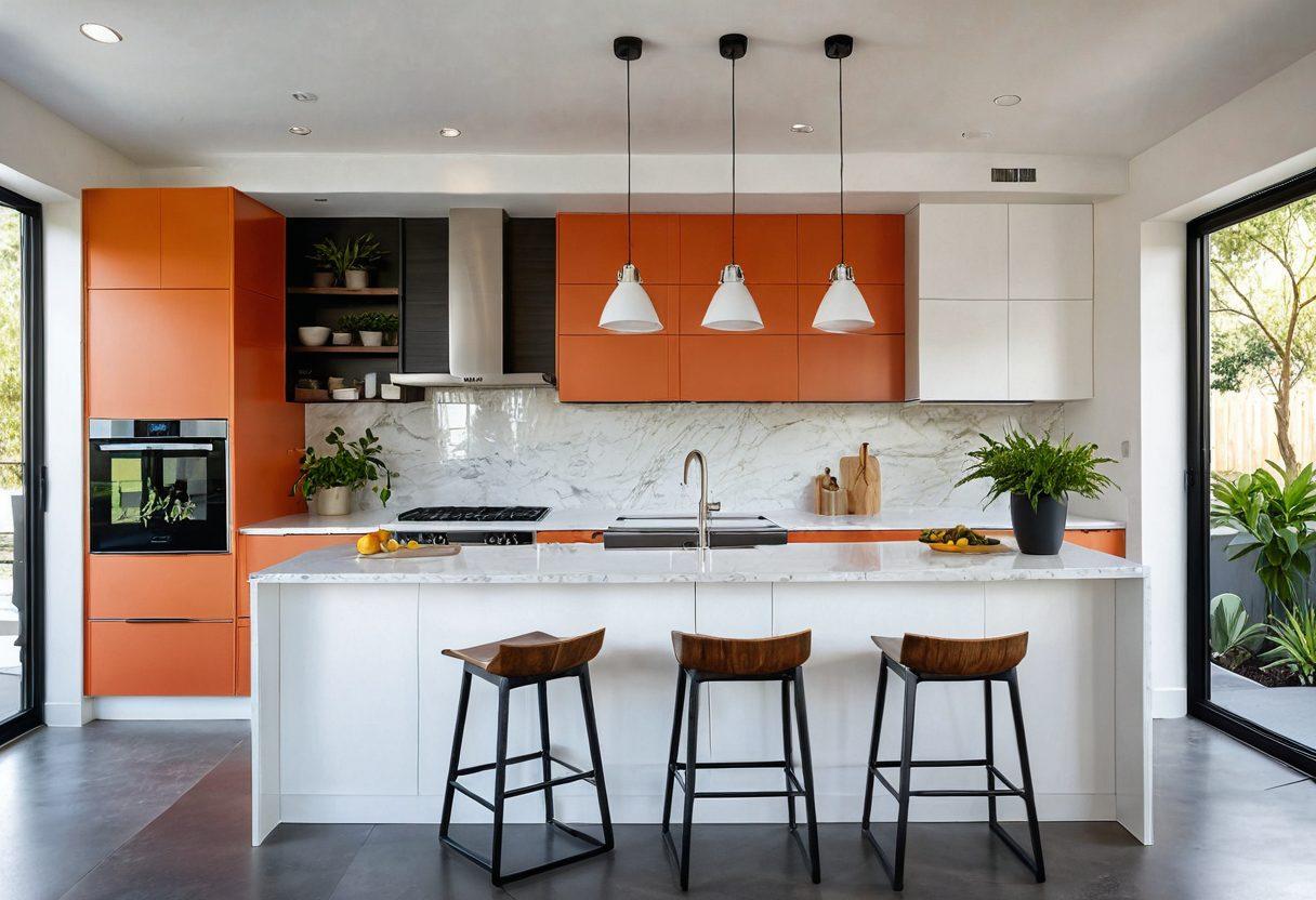 A stylish, modern kitchen showcasing innovative cabinetry solutions, featuring space-saving designs and sustainable materials. The scene includes natural light streaming through a large window, plants for a touch of greenery, and a minimalist aesthetic that emphasizes eco-friendly living. The cabinetry should have unique textures and colors to highlight creativity and functionality. bright colors. super-realistic. airy atmosphere.