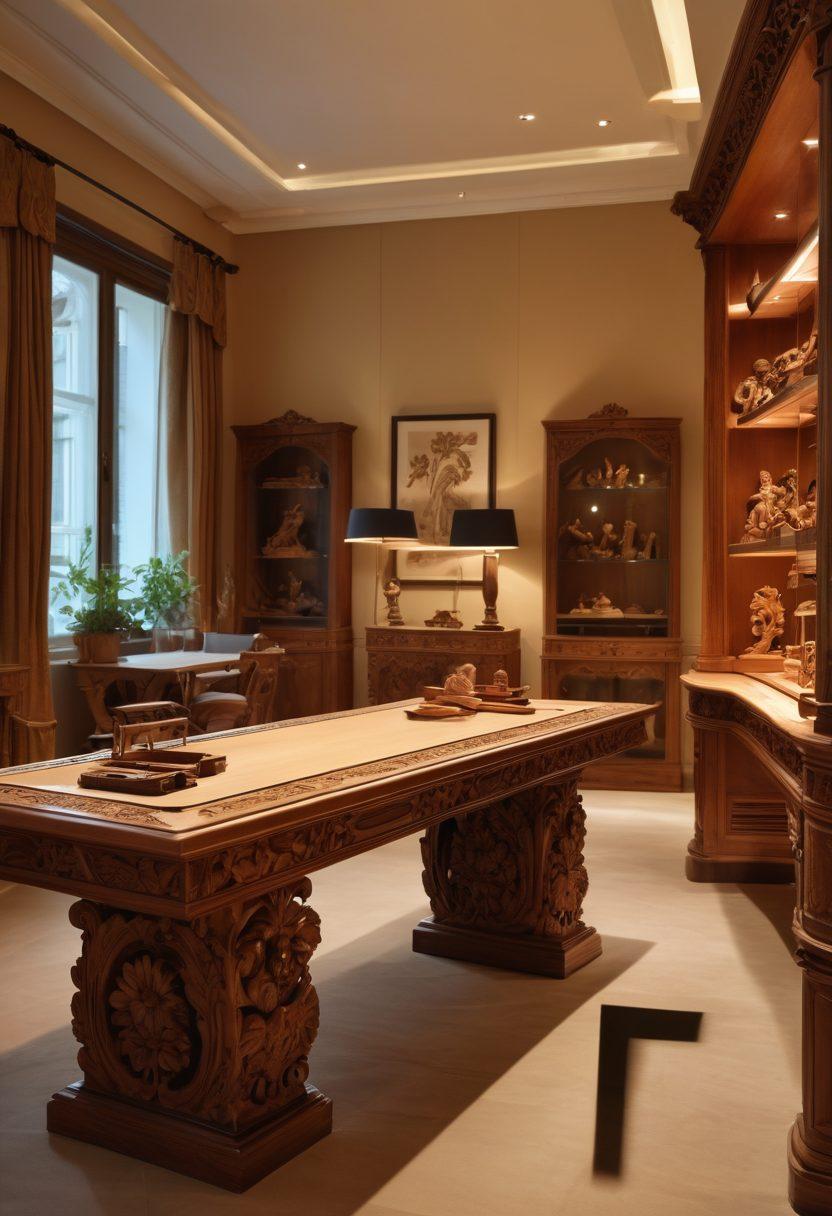 An elegant workshop showcasing bespoke wooden furniture alongside modern decorative elements. Include intricate wood carvings, a sleek modern design contrast, and warm ambient lighting. Highlight the craftsmanship with tools and wood shavings gracefully arranged in the scene. Capture a sense of luxury and sophistication as wood meets contemporary aesthetics. super-realistic. warm colors. soft focus.