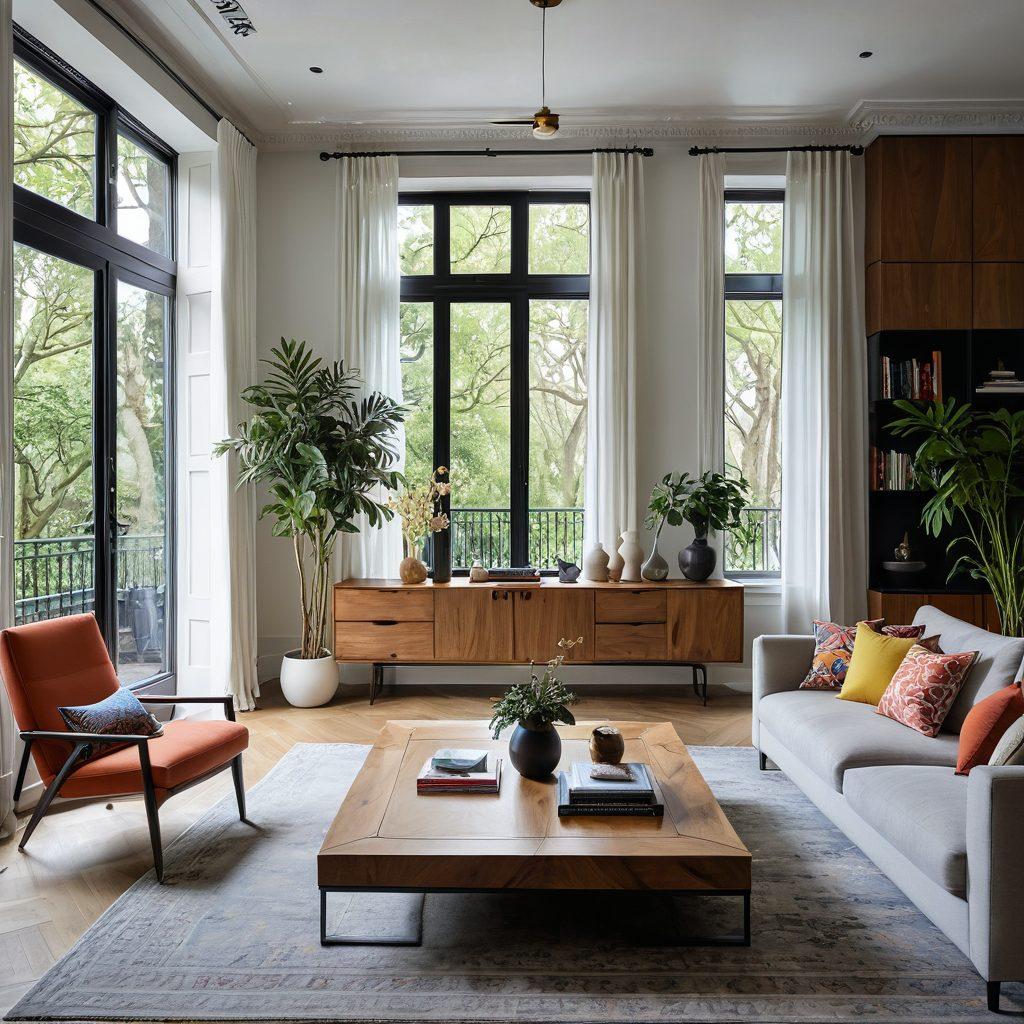 A beautifully designed modern living space featuring bespoke cabinetry, showcasing intricate woodwork and sleek finishes. The room is elegantly furnished with contemporary furniture, highlighted by vibrant textiles and eye-catching decor. Large windows let in natural light, enhancing the warm and inviting atmosphere. Include elements such as plants and artistic sculptures for added charm. super-realistic. vibrant colors. bright ambiance.